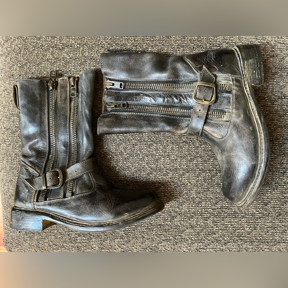 Bed Stu Hustle Black Leather Double Zip Zipper Buckle Moto Boots 7